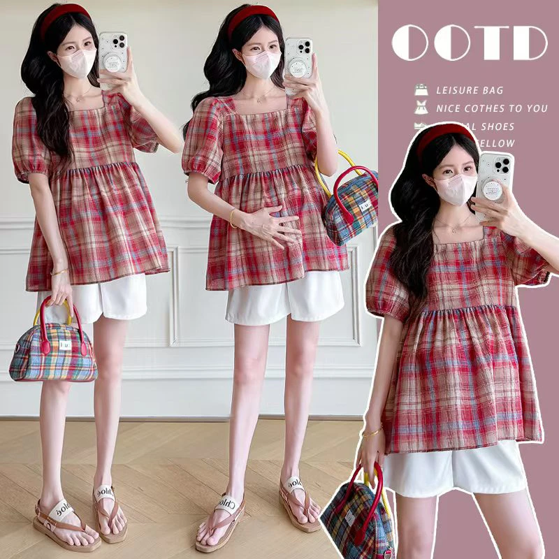 孕妇装2025夏季新款时尚甜美减龄格子短袖衬衫宽松显瘦上衣女短款