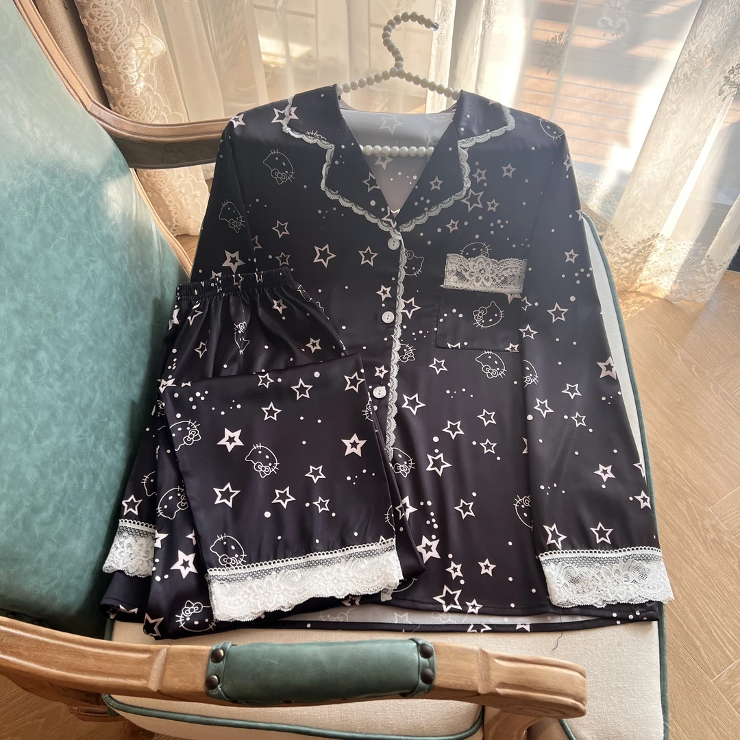 卡通蕾丝春夏新款冰丝可外穿睡衣女两件套装春秋长袖家居服薄款