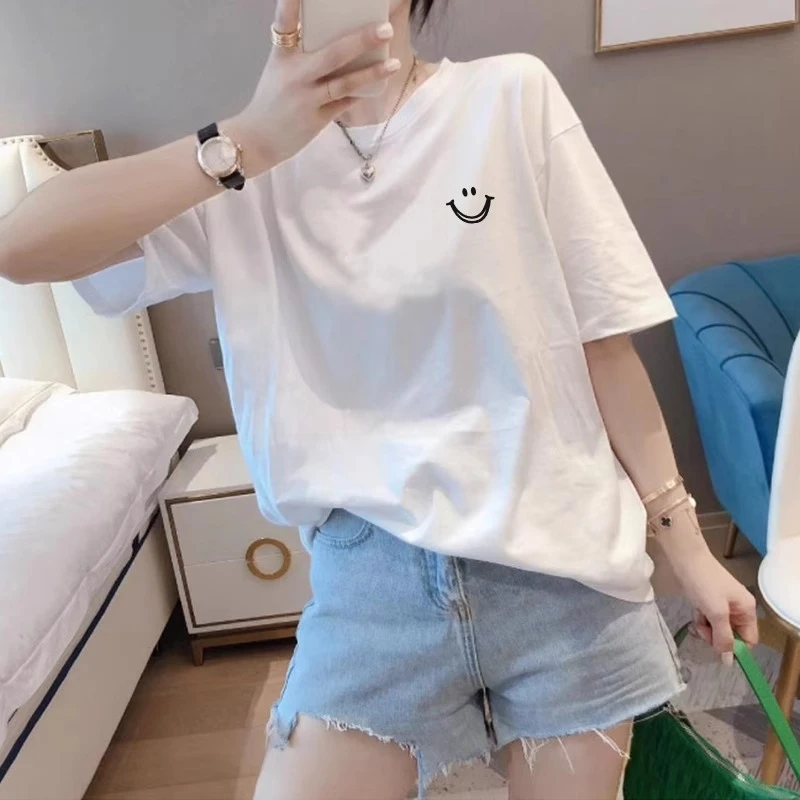 2025新款韩版宽松圆领纯棉短袖T恤女夏季爆款白色百搭半袖上衣ins