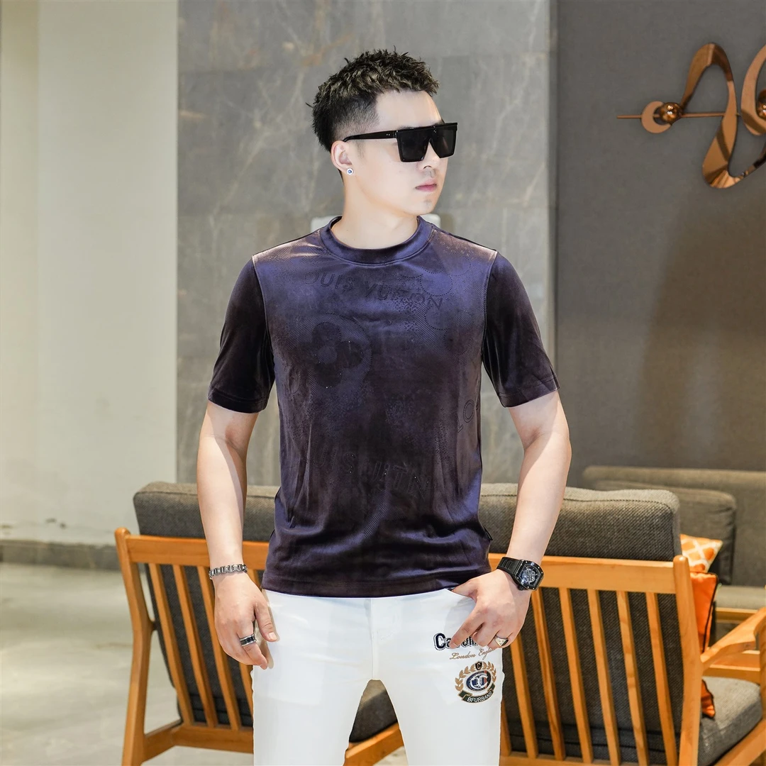 2025秋冬新品高级感亮面压花欧货紫色丝绒圆领短袖T恤潮男GL3807
