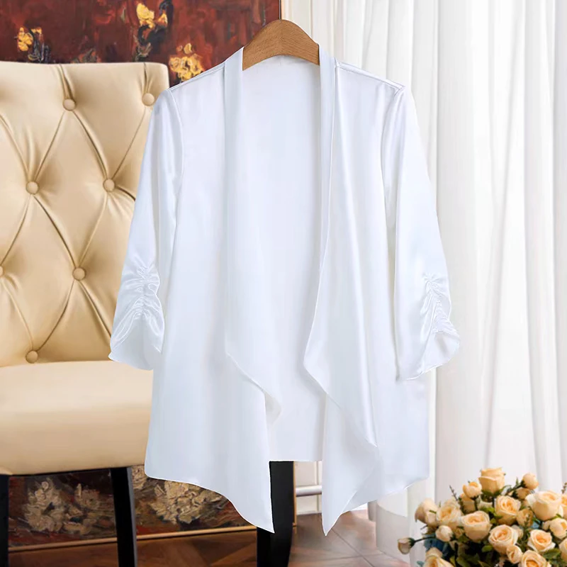 醋酸白色薄款西装夏季外套女短款气质设计感小众时尚百搭开衫上衣