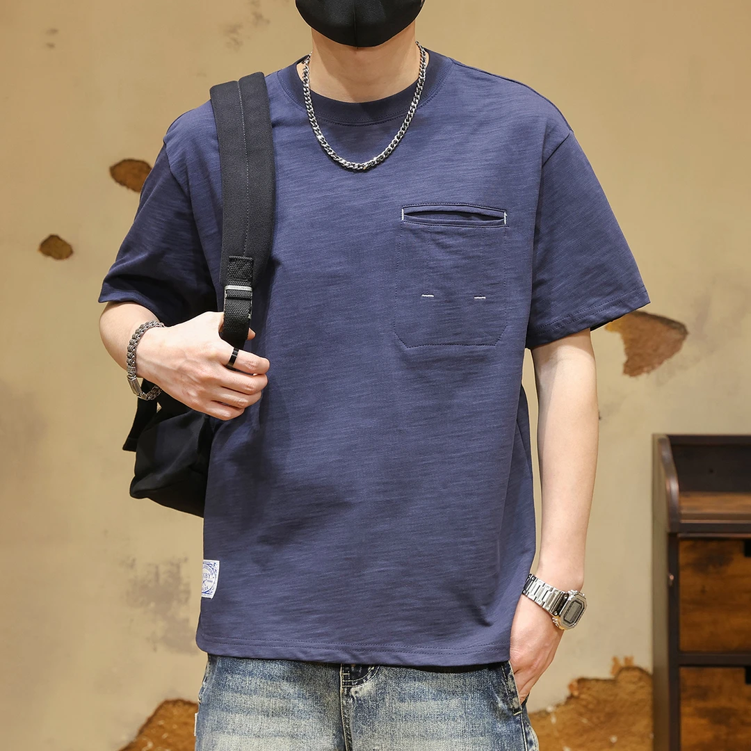 美式高端纯棉短袖T恤男复古圆领短袖夏季新款宽松大码口袋体恤潮t