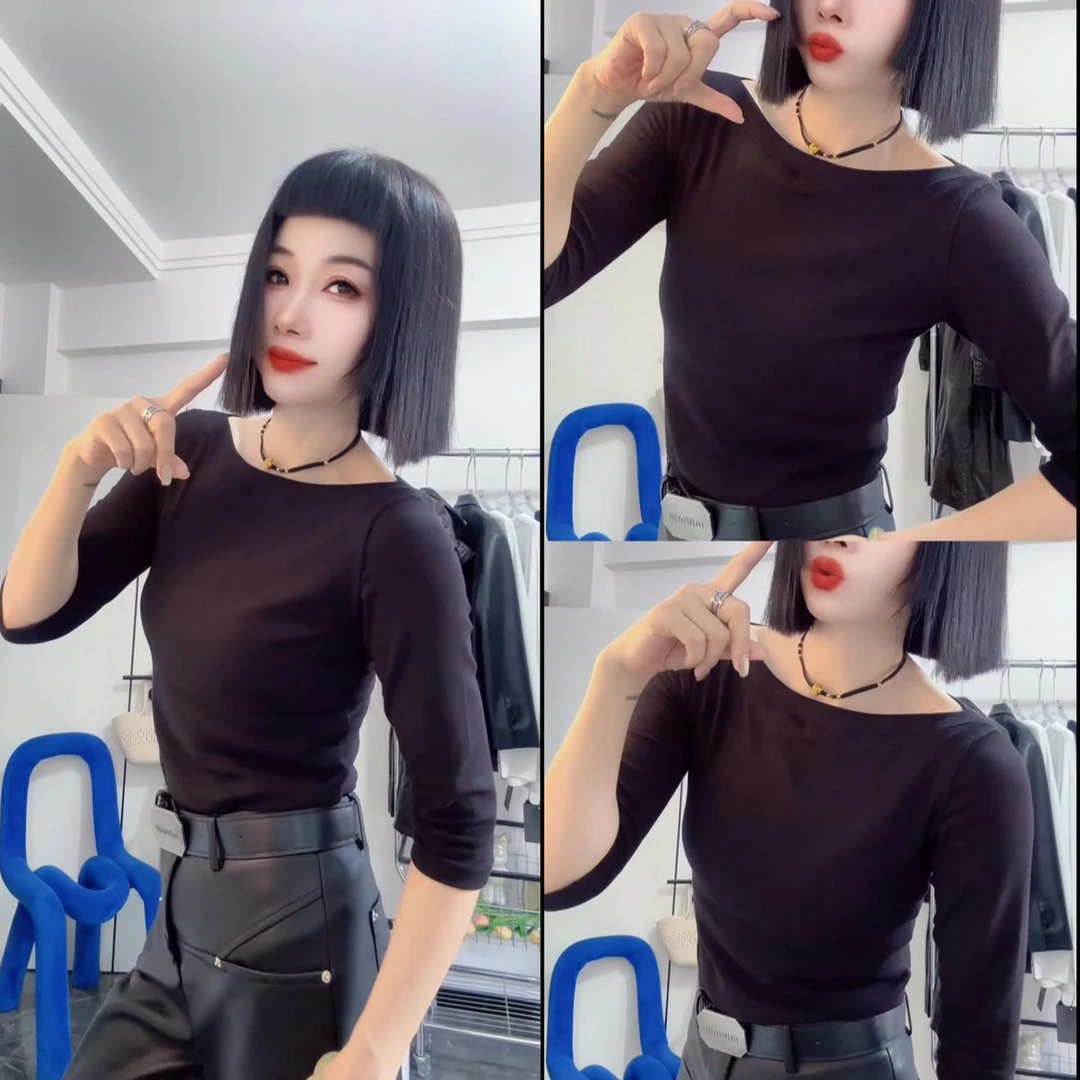 时尚T恤纯色圆领一字领百搭修身型五分袖中袖秋季新款百搭时尚女