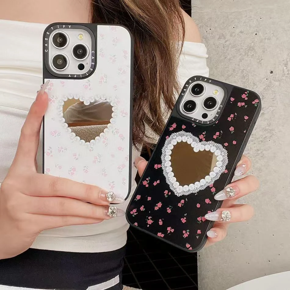 新款高颜值珍珠爱心蕾丝碎花镜面手机壳适用苹果ins风清新小众硬