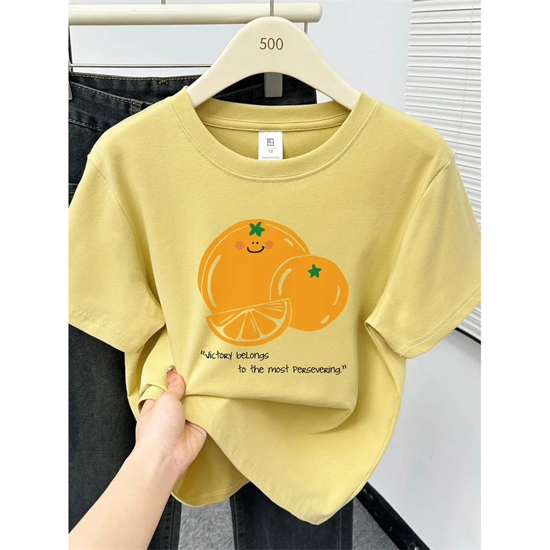 姜黄色正肩短袖T恤女夏季新款时尚大码胖mm洋气橙子印花半袖上衣