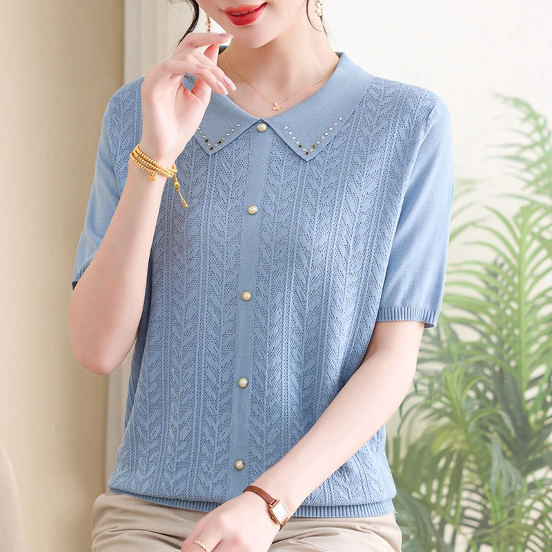 夏季上新薄款中老年女士上衣翻领小衫打底衫时尚通勤休闲洋气服饰