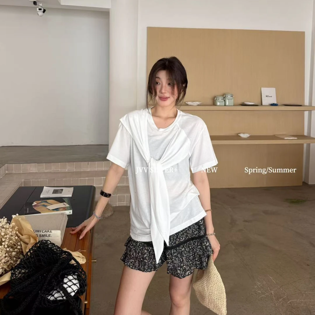 福秒-假两件！绑带夏季薄款休闲T恤（JJ00353#）JVV