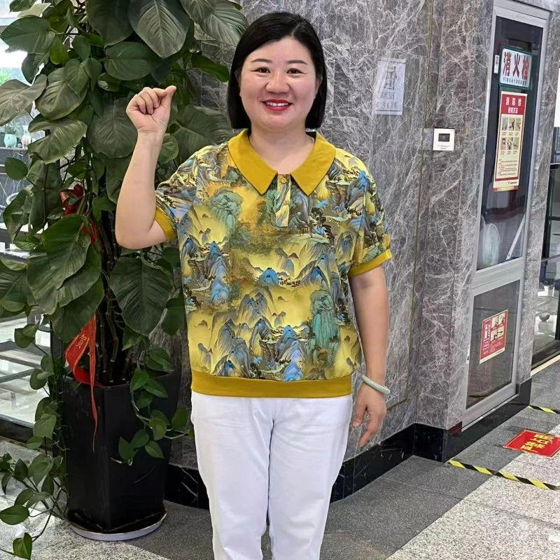 2025夏季新款薄款山水画翻领宽松减龄显瘦透气短袖上衣