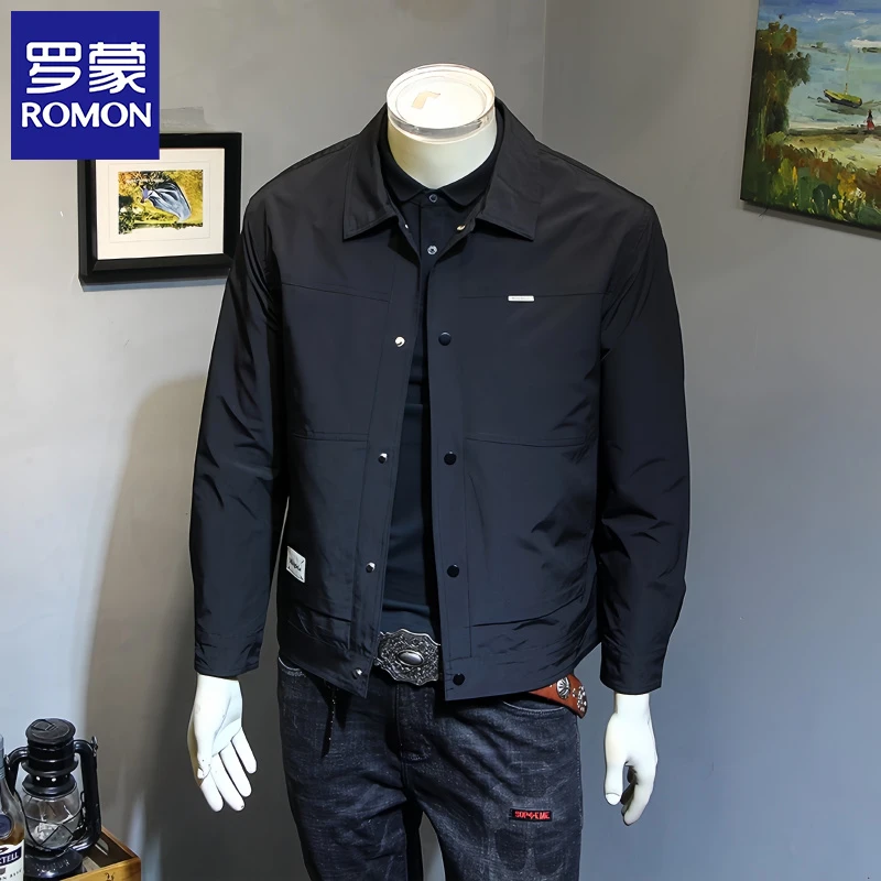 罗蒙秋季新款夹克男韩版修身翻领外套简约百搭青年休闲男装茄克衫