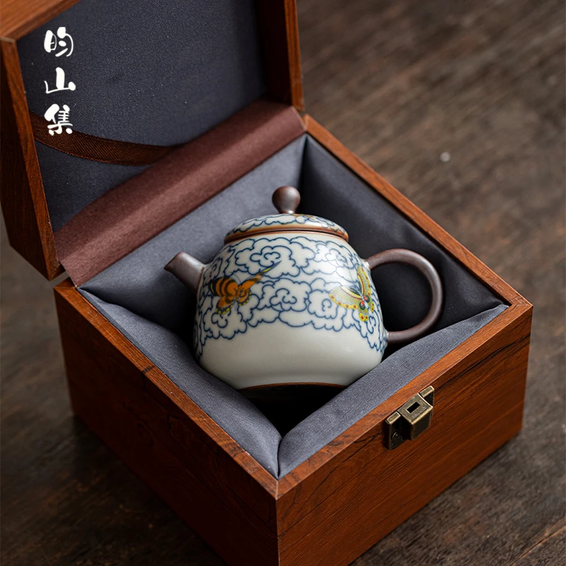 汝窑青花茶壶单个过滤泡茶壶一人饮中式家用陶瓷功夫茶具礼盒送礼