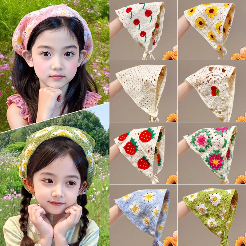 【亲子款】儿童法式复古针织头饰刺绣头巾田园风外出游玩三角巾女