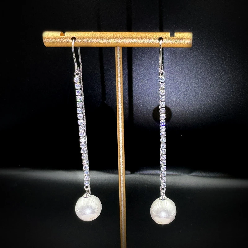 铜合金耳饰 轻奢简约优雅珍珠耳环女气质百搭长款流苏耳坠耳线ins