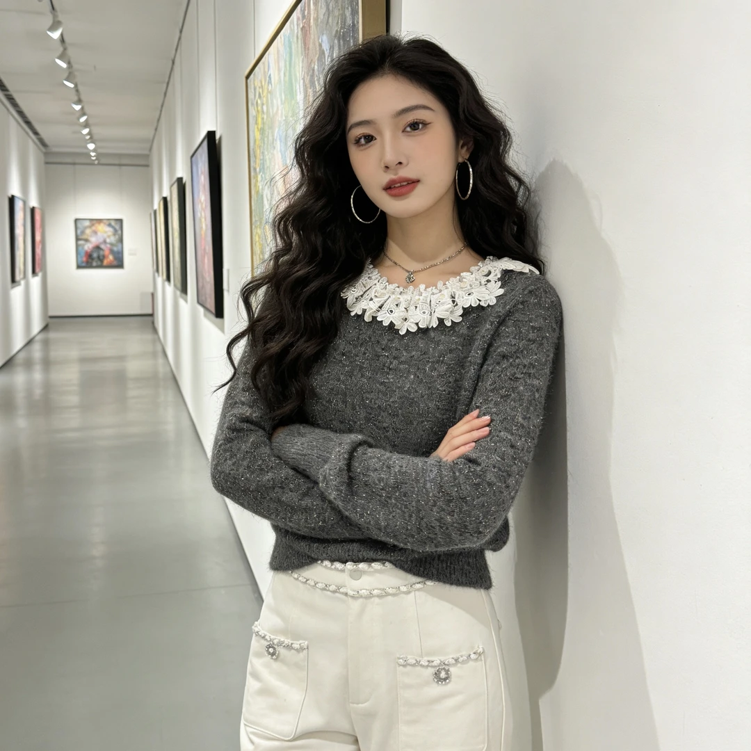 <猪猪出品>灰色圆领拼接蕾丝花瓣珍珠镶钻时尚针织衫上衣