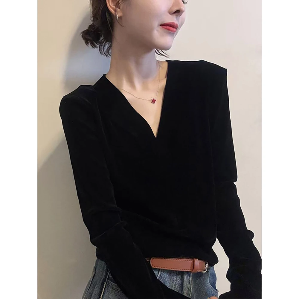 秋季新款女复古V领长袖T恤时尚高级感修身显瘦内搭丝绒打底衫上衣