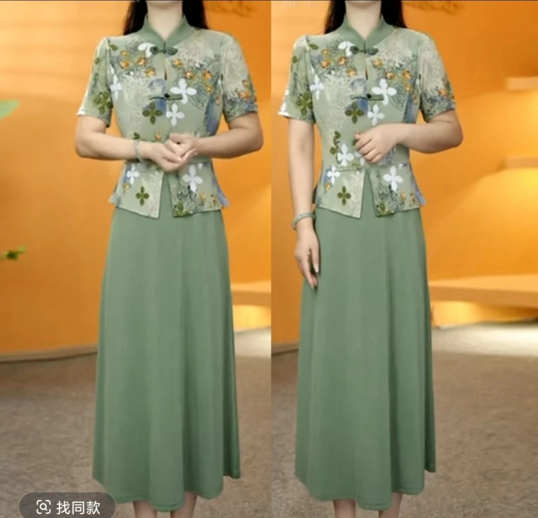 夏季新款妈妈装新中式轻连衣裙时尚轻奢中年女遮肚显瘦假两件裙子