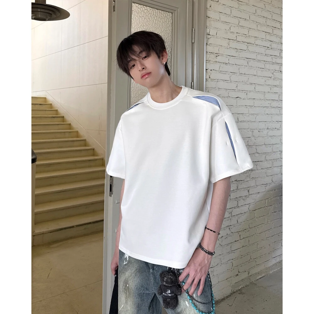 拼接短袖条纹舒适纯棉情侣T恤印花简约潮流休闲ins夏季