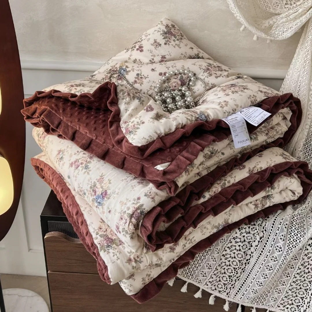 秋冬被～法式双层针织花边豆豆被可水洗机洗加厚被子碎花夹棉