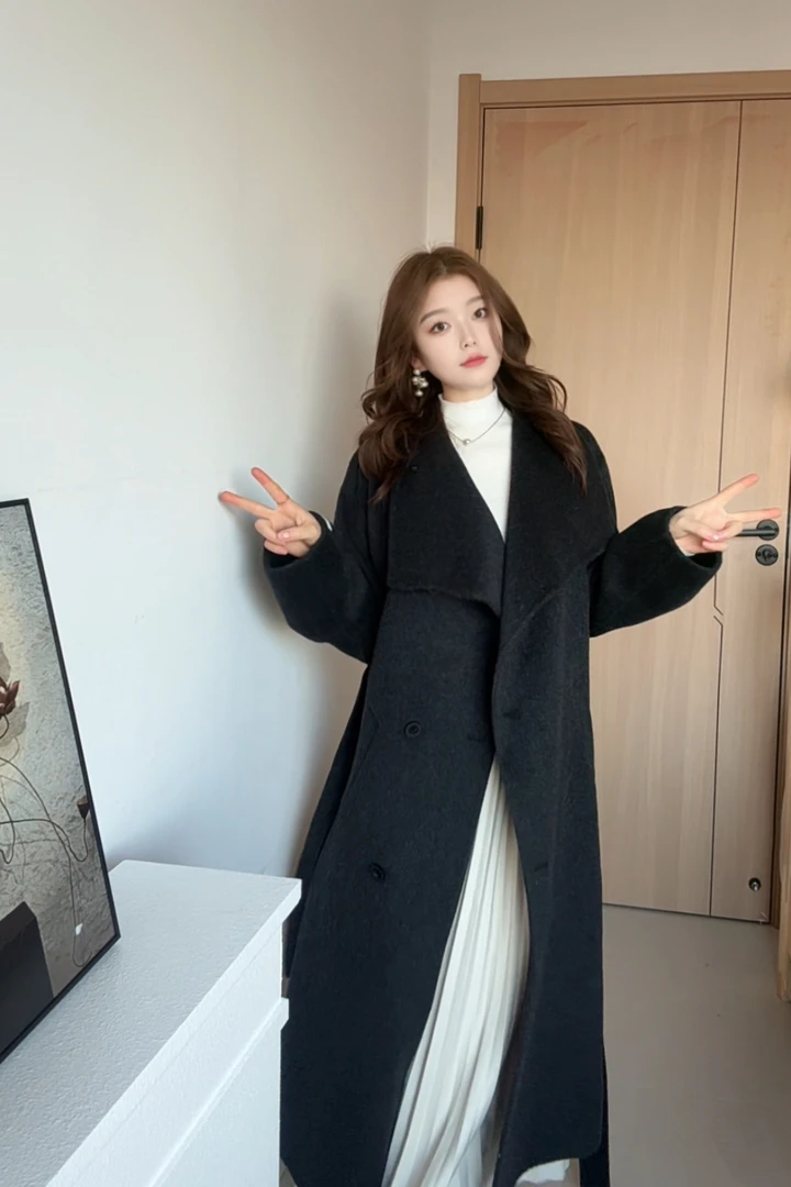 2025长款宽松型女秋冬毛呢外套双面呢冬季排扣毛呢