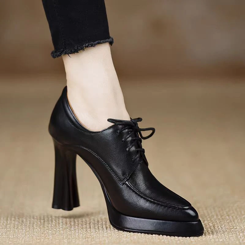 复古红棕色尖头防水台高跟鞋厚底女粗跟新款系带深口单鞋不累脚