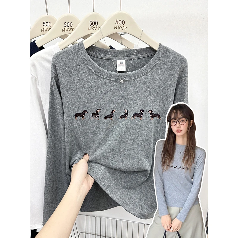 品质秋冬花灰色正肩修身长袖t恤女大码女装胖mm显瘦棉高弹力上衣