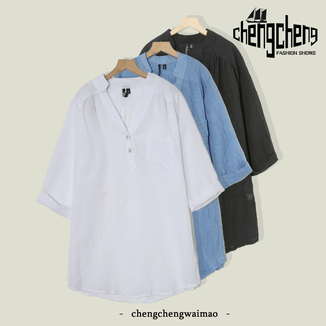 纯色轻薄透气女士中长款半开扣宽松韩系气连衣裙S258(个别微脏)