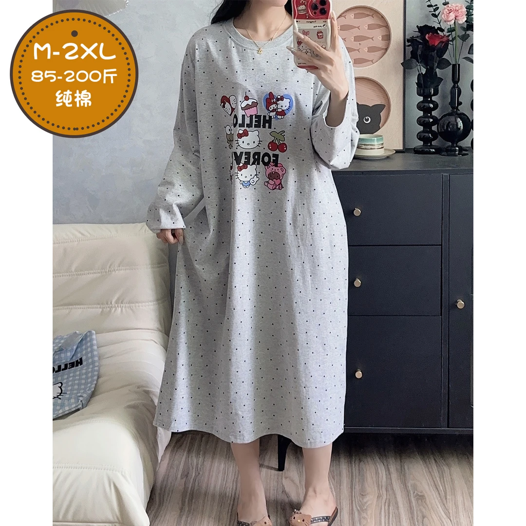 KT猫睡裙女春秋季长袖纯棉休闲风睡衣新款胖MM200斤宽松家居服