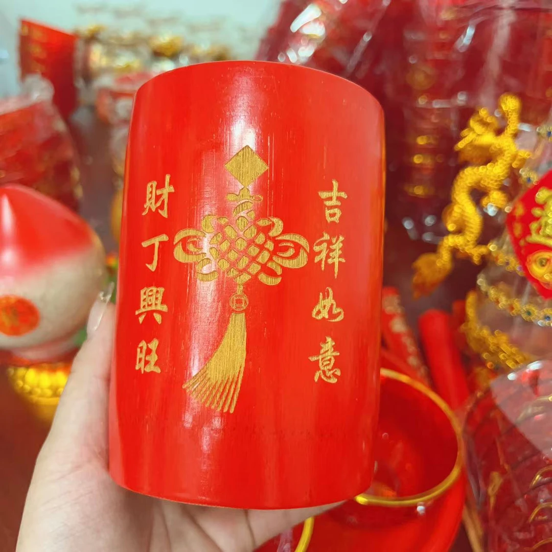 潮汕传统插香雅红米升米斗福斗拜月娘竹筒炉中国红摆件
