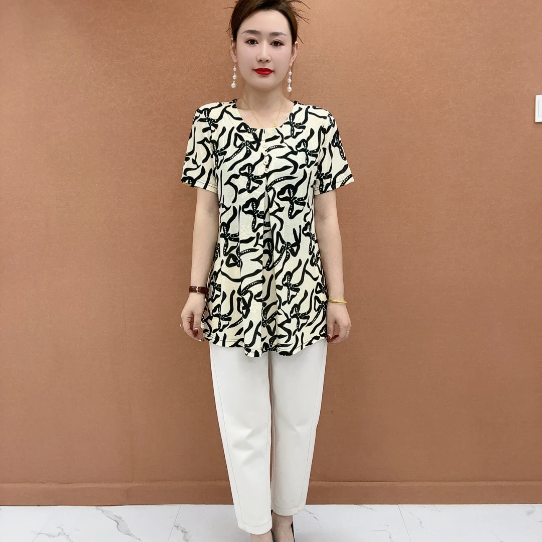 2025夏季新款冰丝短袖T恤时尚宽松遮肚子显瘦大码小衫妈妈装上衣