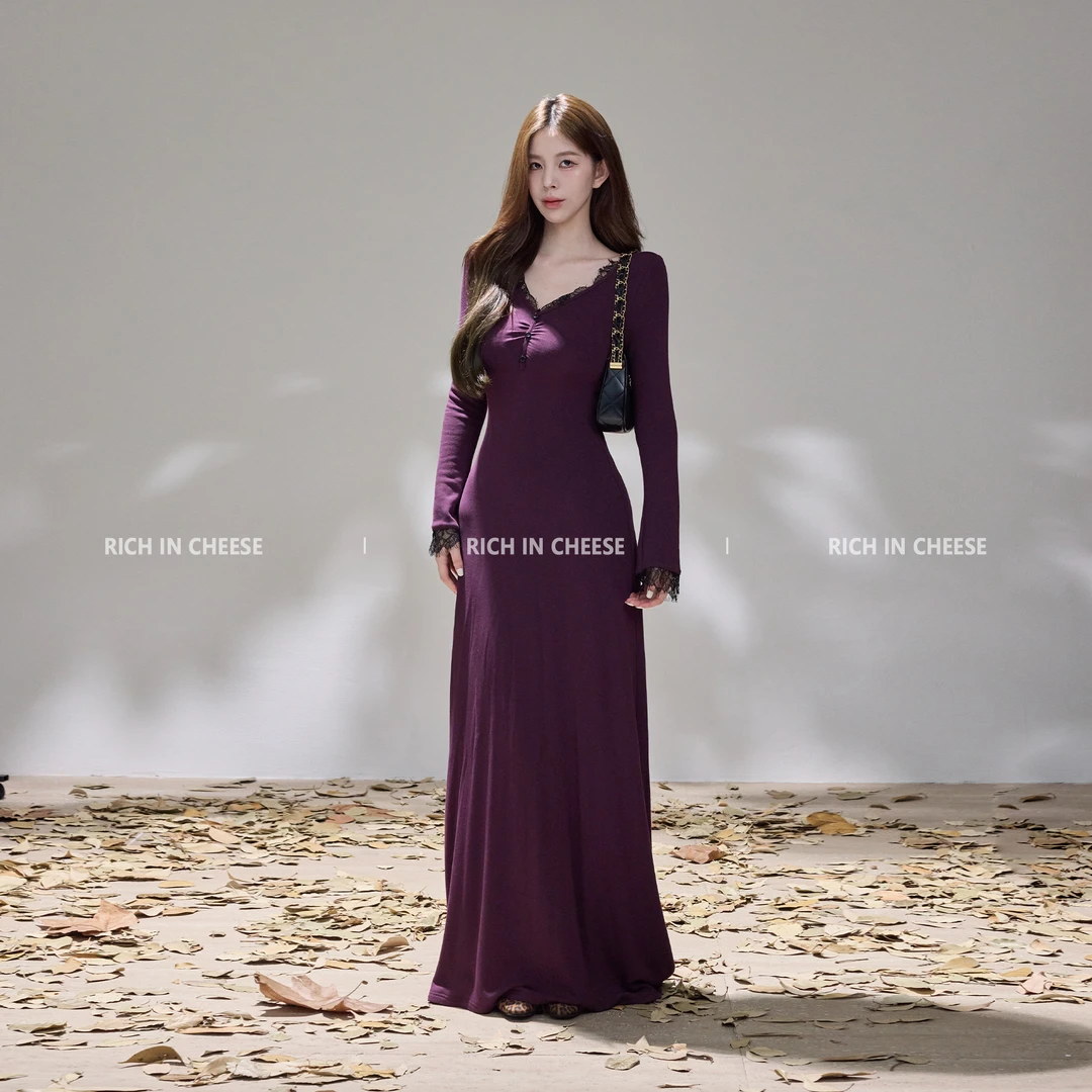 RICHINCHEESE 紫韵佳人 法式蕾丝拼接纯欲紫气质收腰连衣裙