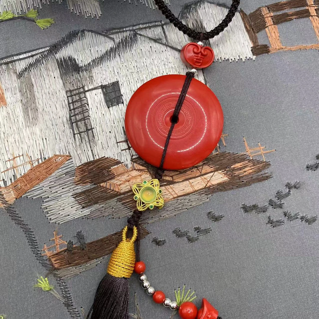 含辰砂工艺品【朱砂工厂】红砂设计款回纹平安扣车挂