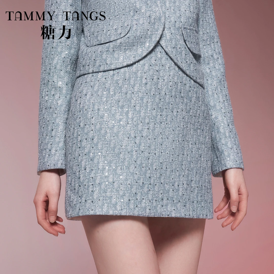 【官号专属】糖力 精致亮片小香风半身裙女高腰显瘦A字裙短裙