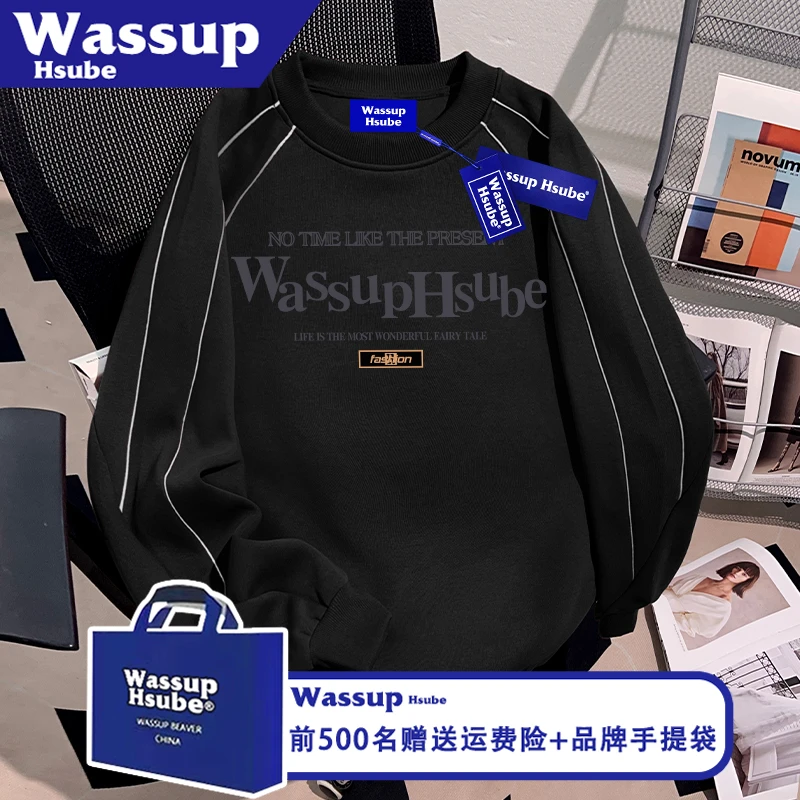WASSUP HSUBE秋冬流行拉线圆领卫衣炫酷潮牌字母印花男女黑色上衣
