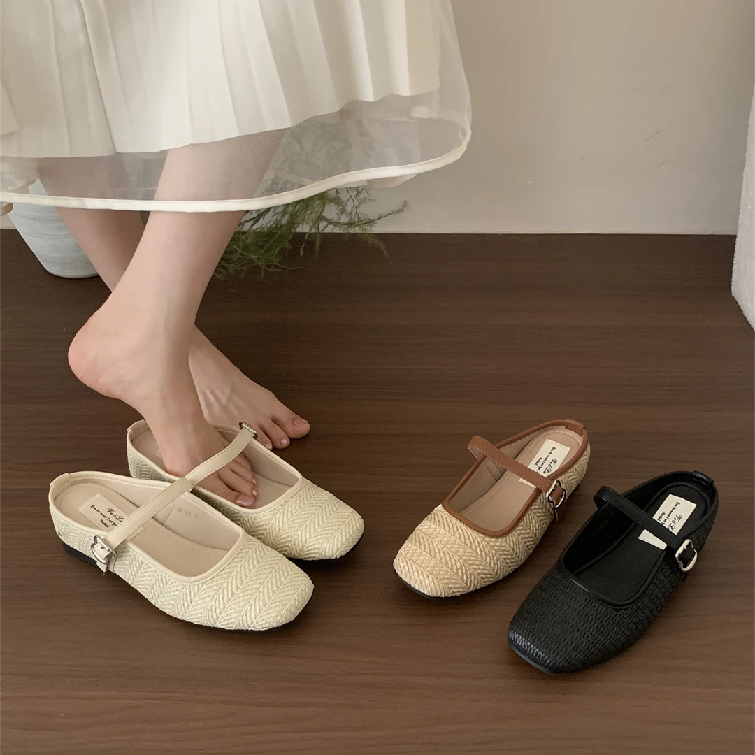 欢梨"度假草编"厚底包头半拖鞋女夏季外穿复古内增高一脚蹬穆勒鞋