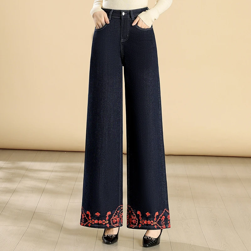 民族风复古重工刺绣直筒阔腿牛仔裤女中国风绣花宽松显瘦高腰长裤