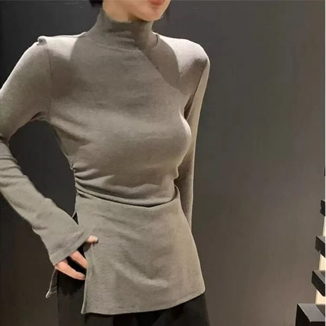 设计感半高领德绒打底衫秋冬修身开叉长袖T恤9979