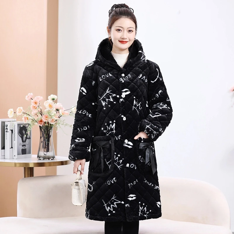 2024新款时尚甜美减龄兔毛绒睡袍中长款加绒加厚大码睡衣加厚棉服