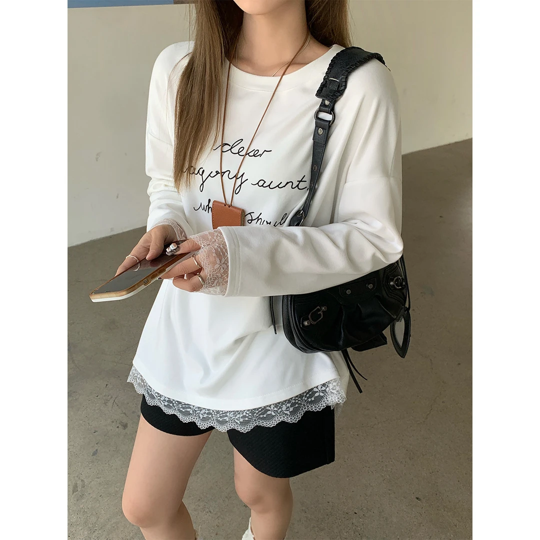 韩系蕾丝字母印花长袖打底衫女秋冬中长款遮屁股德绒加绒内搭上衣