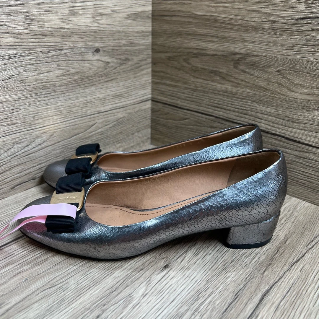 95新 FERRAGAMO/菲拉格慕 黑银高跟鞋 35码