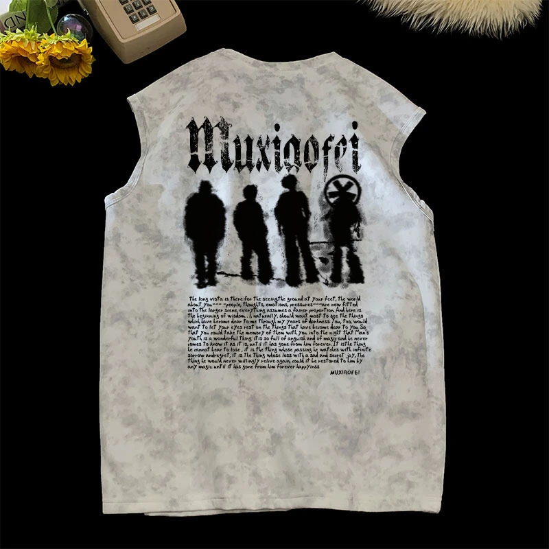 夏季背心无袖T恤扎染美式小众港风韩版休闲坎肩百搭慵懒大码男士