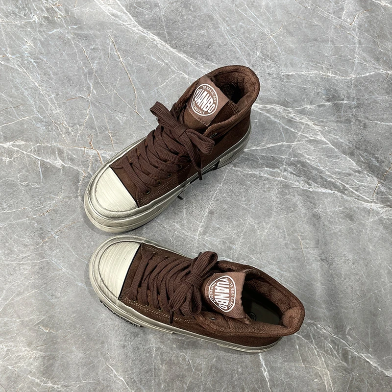 棕色复古高帮帆布鞋女学生脏脏鞋2025冬季新款厚底加绒保暖棉鞋子