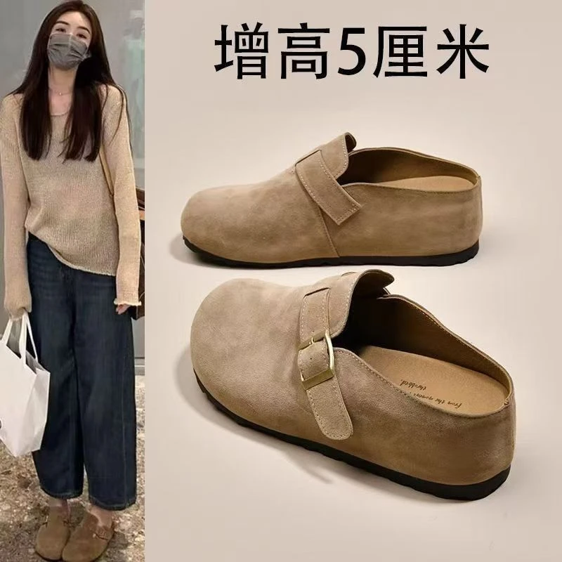 厚底内增高勃肯鞋女2025新款春秋季包头半拖鞋女外穿一脚蹬博肯鞋