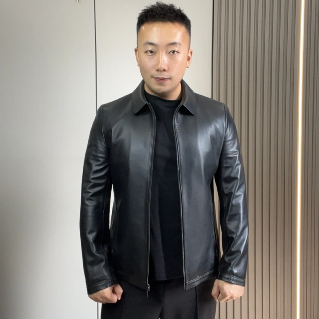 小羊皮小方领夹克（后背整皮）男士高端真皮皮衣