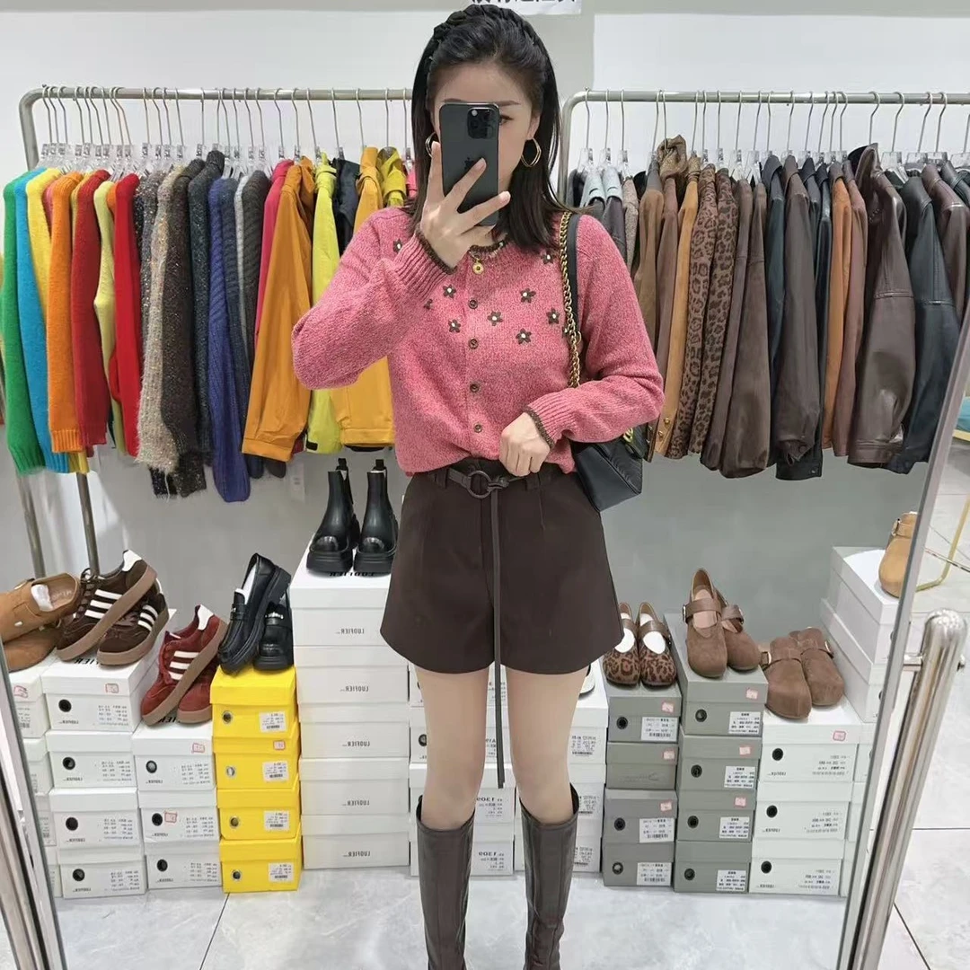 撞色系花花毛衣开衫