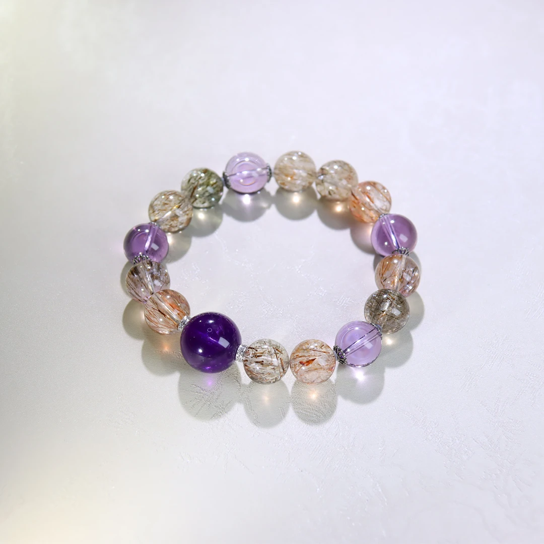 <九紫大满贯>黑金晶配紫水晶双轮骨干卡10-11mm水晶手串+S925银