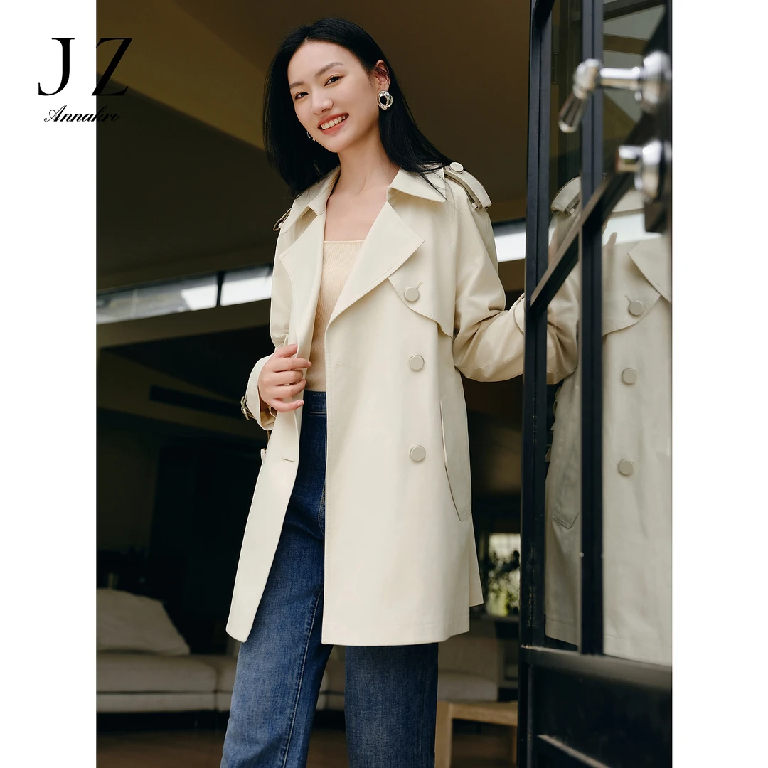 【小余专属】玖姿安娜蔻JTEC41211工装撞色腰带纽扣肩袢X型风衣女春