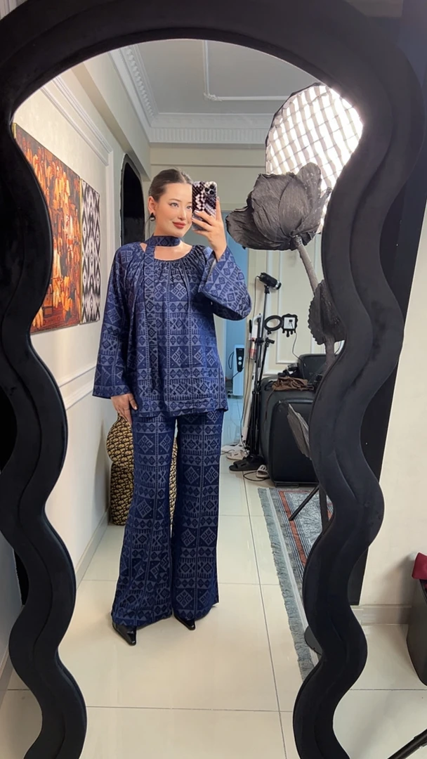 时尚套装秋冬阔腿裤圆领非正式学院风牛仔风ins风