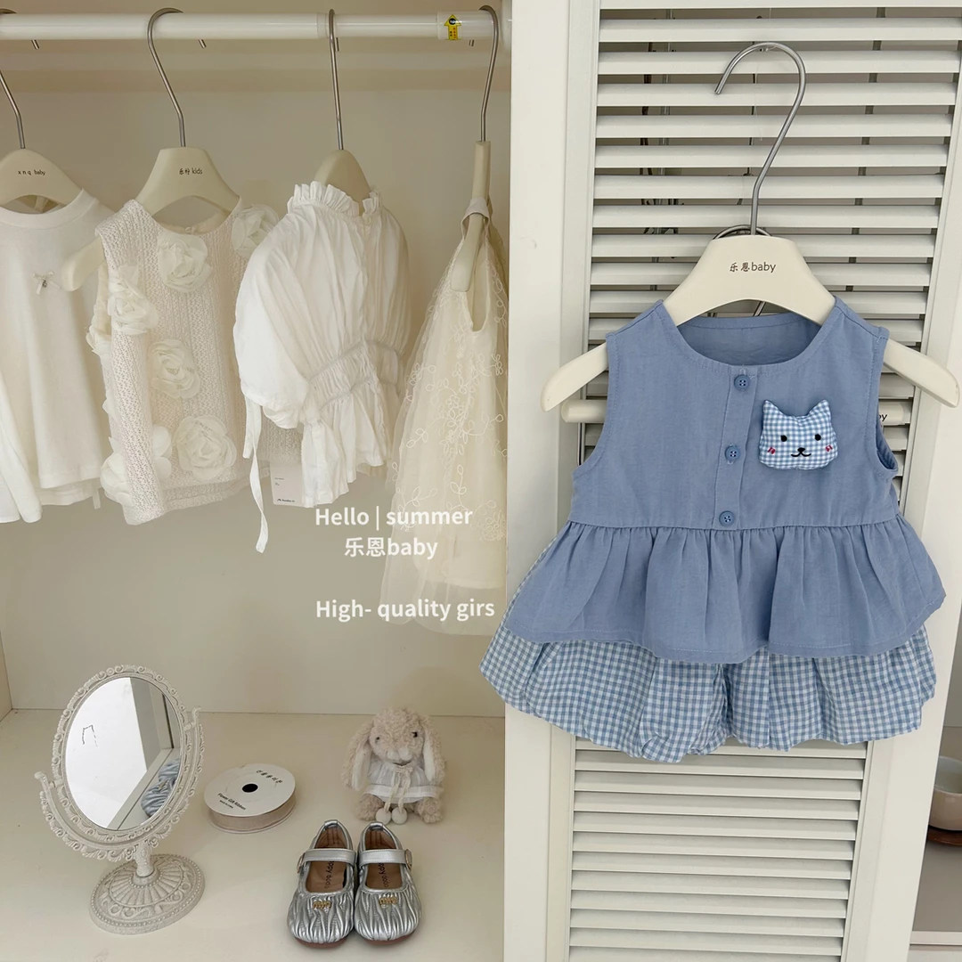 现【乐恩baby】女童夏季蓝色卡通套装兔子背心格子花苞裤时髦两件套