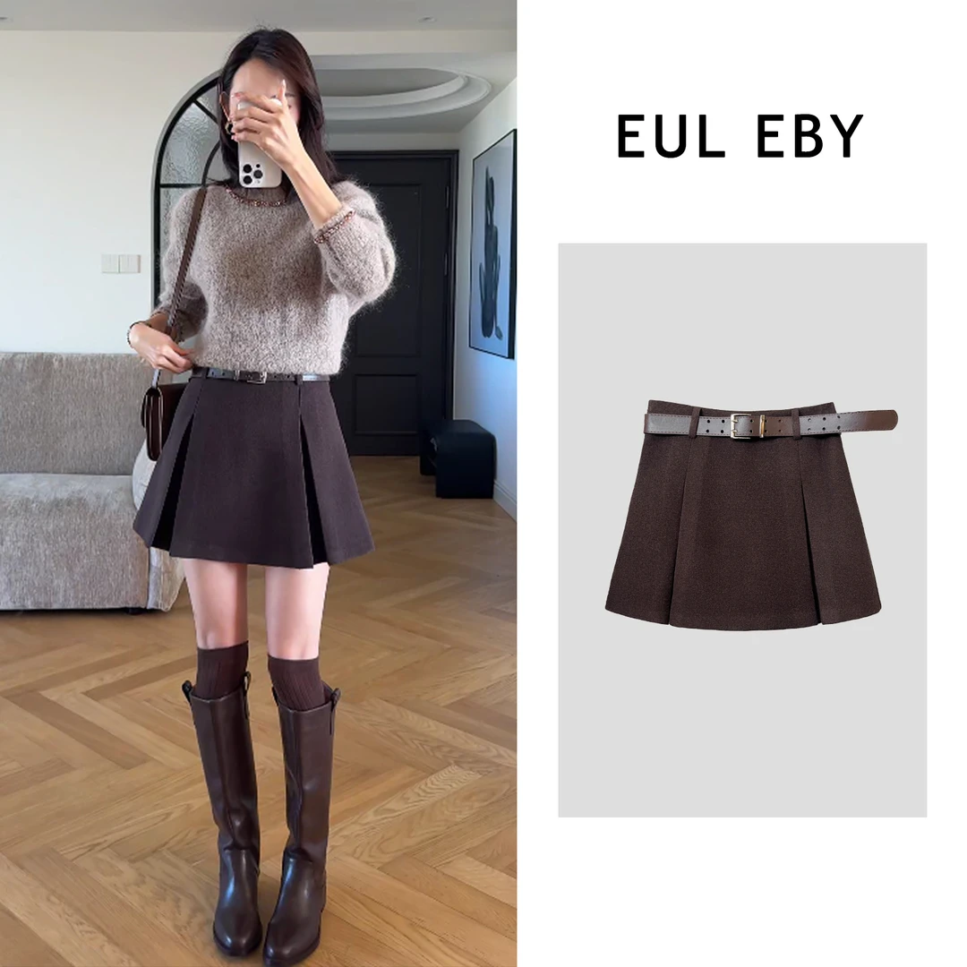 EUL EBY秋冬羊毛呢半身裙气质A字百褶裙高腰显瘦遮胯短裙251539#
