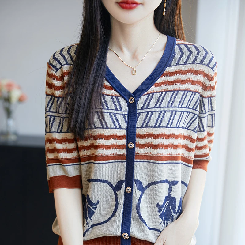 港式复古撞色条纹100%天丝V领薄款针织短袖清爽莱赛尔透气T恤