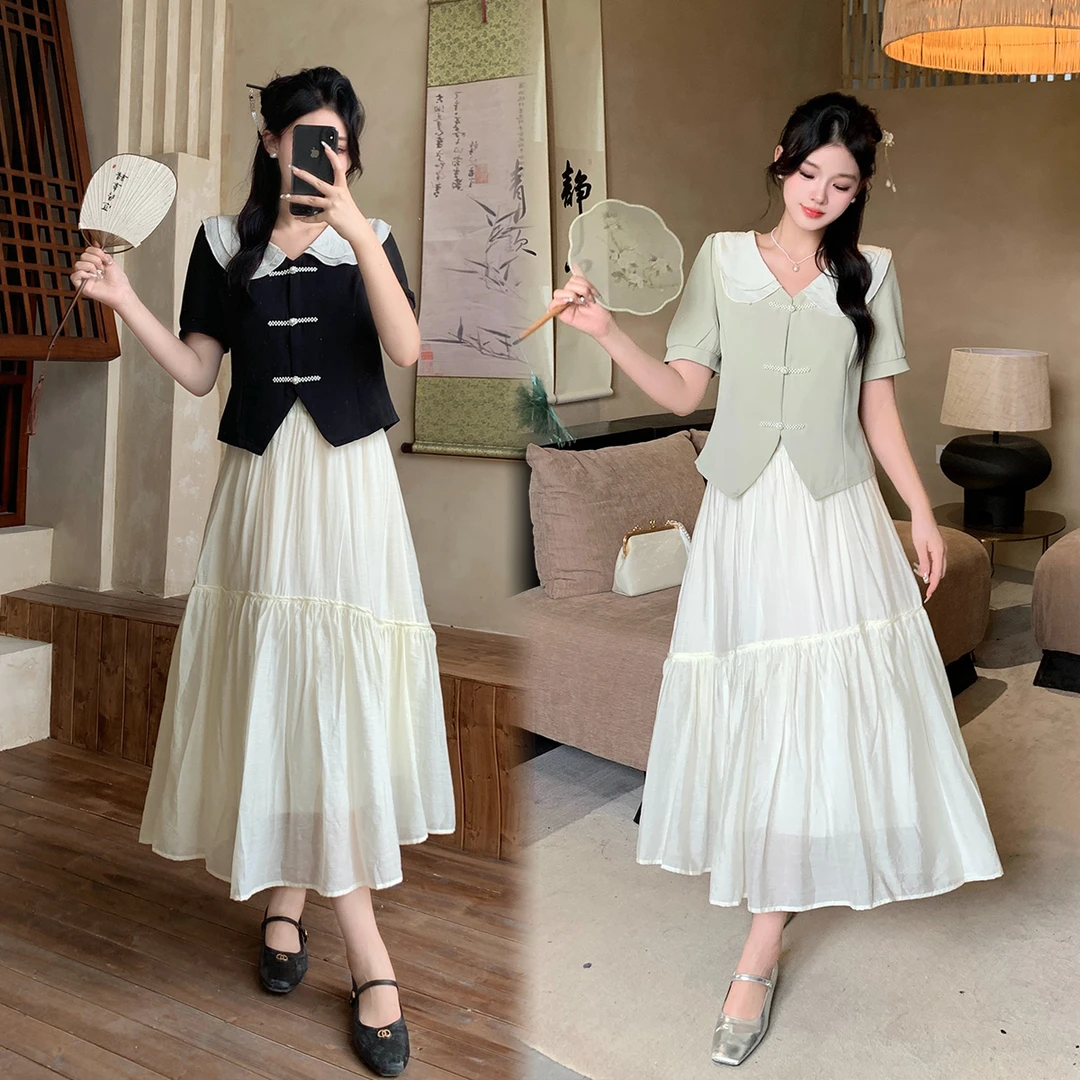 63083胖mm大码女装2025夏季新款新中式娃娃领上衣半身裙国风套装